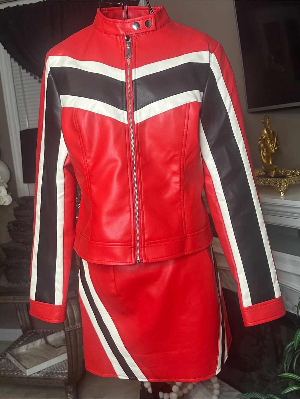 Fashion Nova Red Faux Leather Colorblock Jacket & Skirt Set